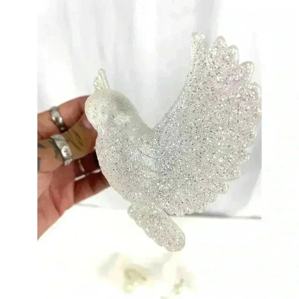 VTG 4‎ PC White Glitter Bird Christmas Ornaments